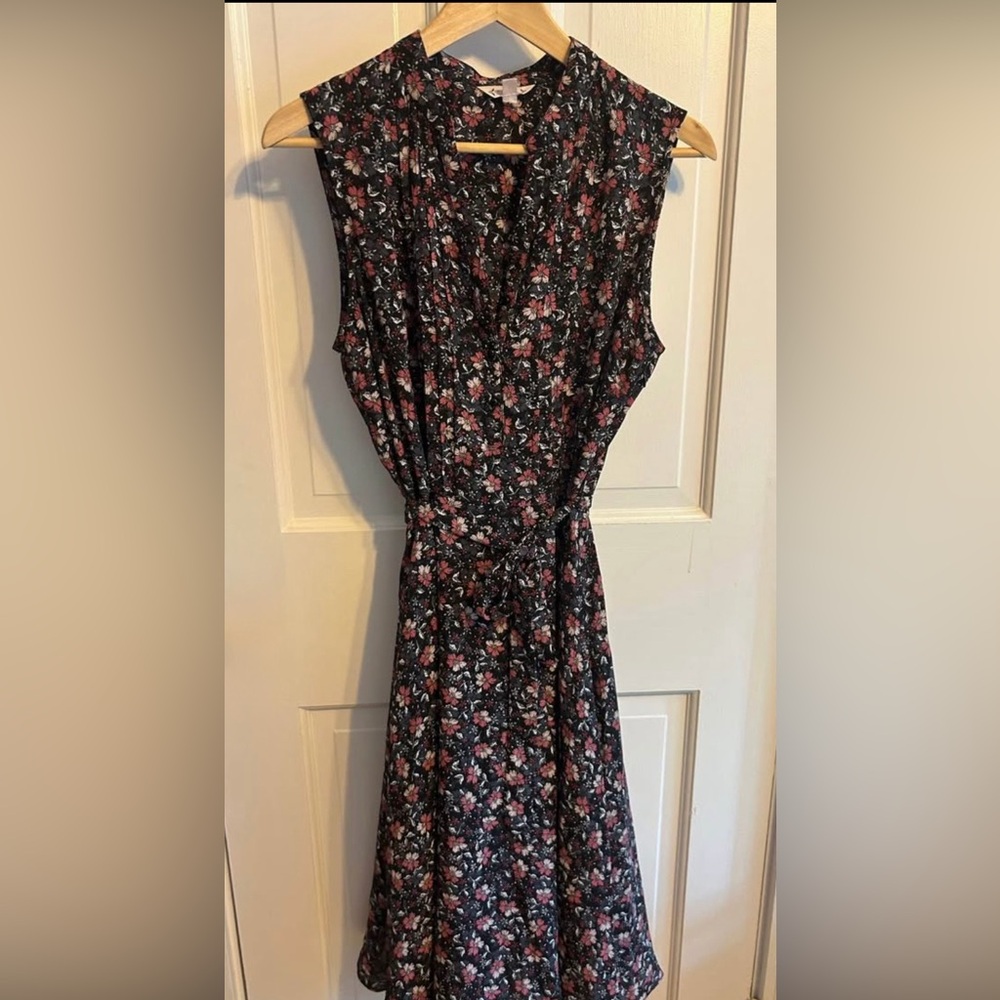 Nannette Lepore Sleeveless Tie-Waist Midi Dress - Black with Pink Flowers
